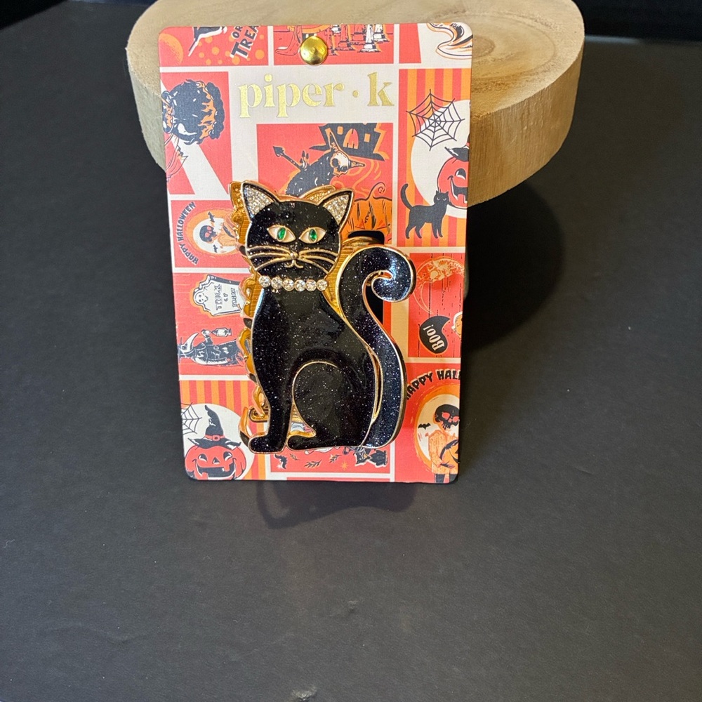 Piper K Black Cat 🐈‍⬛ Hair Clip with Green Eyes and Rhinestone Accents